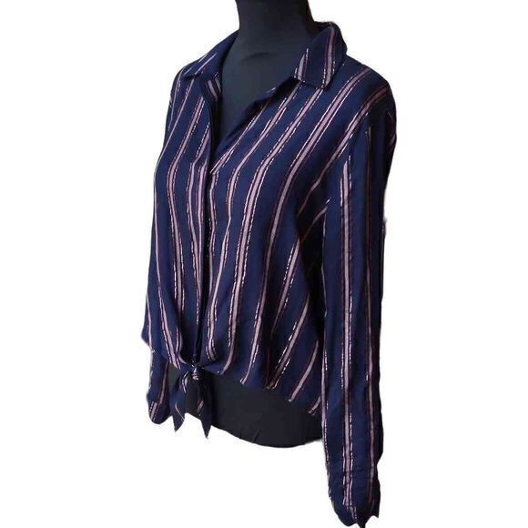 Bella Dahl Shimmer Stripe Tie Waist Open Collar Button Up Blouse Sz L - Picture 6 of 15